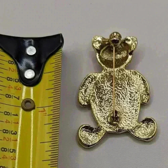 Teddy Bear Goldtone Teal Blue Marbled Lucite Oval Inset Brooch Pin EUC Jewelry - Picture 3 of 3
